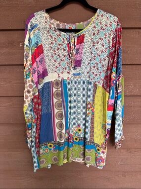 VintageJohnny Was Multicolor Patchwork Floral Boho Tunic size XL